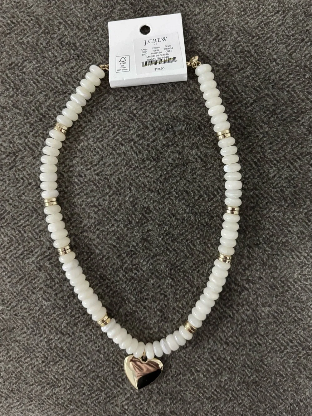 J. Crew Ivory Beaded Necklace with Gold Heart Charm